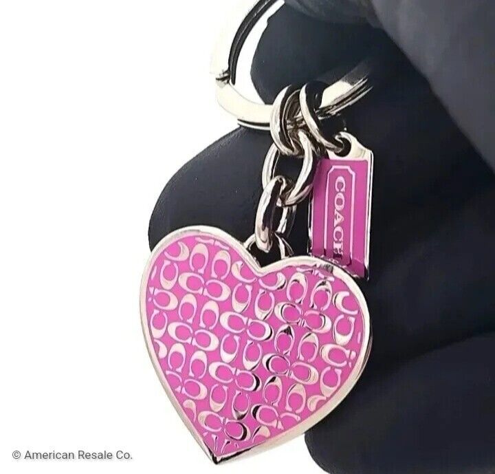Rare Vintage COACH PINK Signature Enamel Heart Keychain FOB Purse Charm