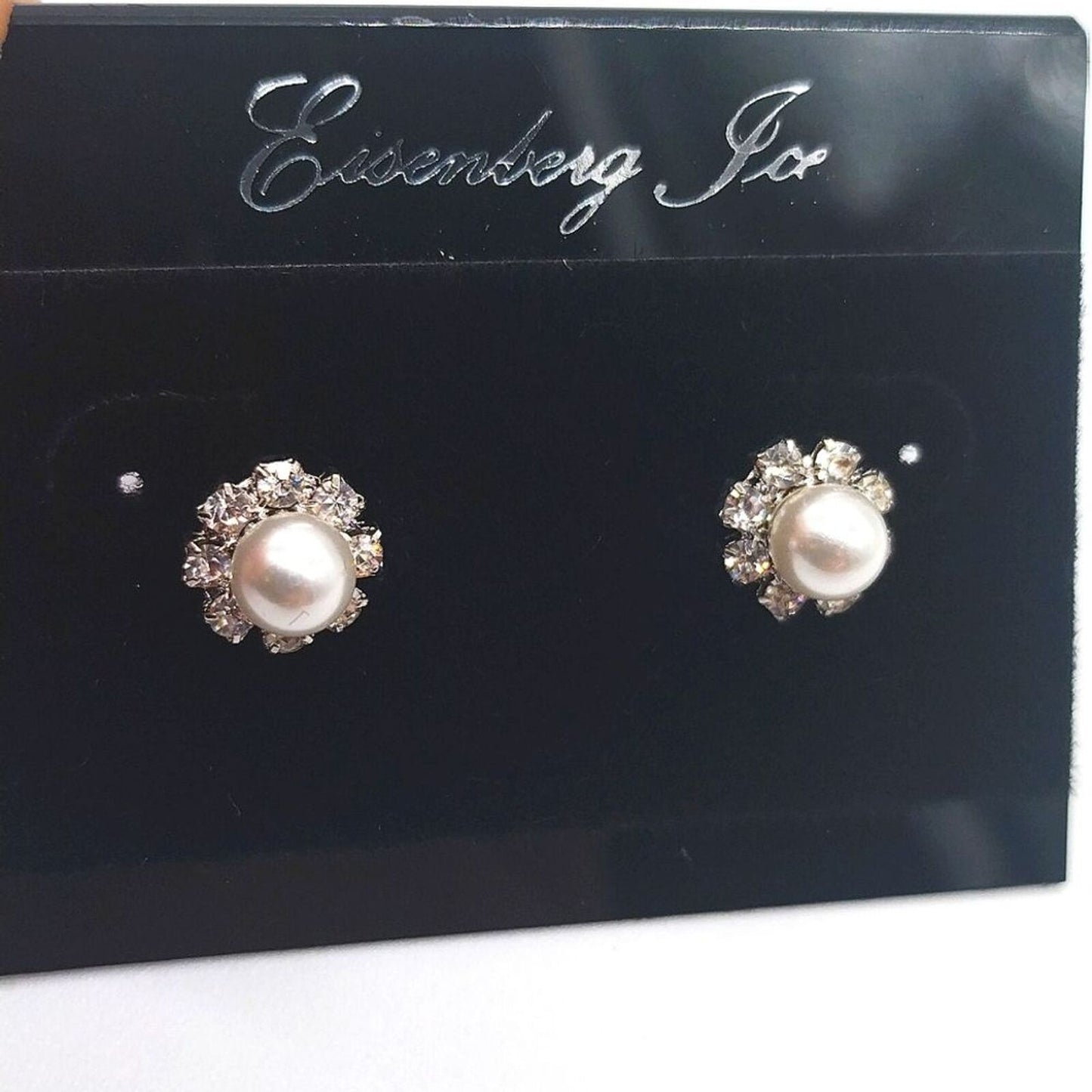 Vintage Eisenberg Ice Pearl Flower Pave Cubic Zirconia Silver Stud Earrings
