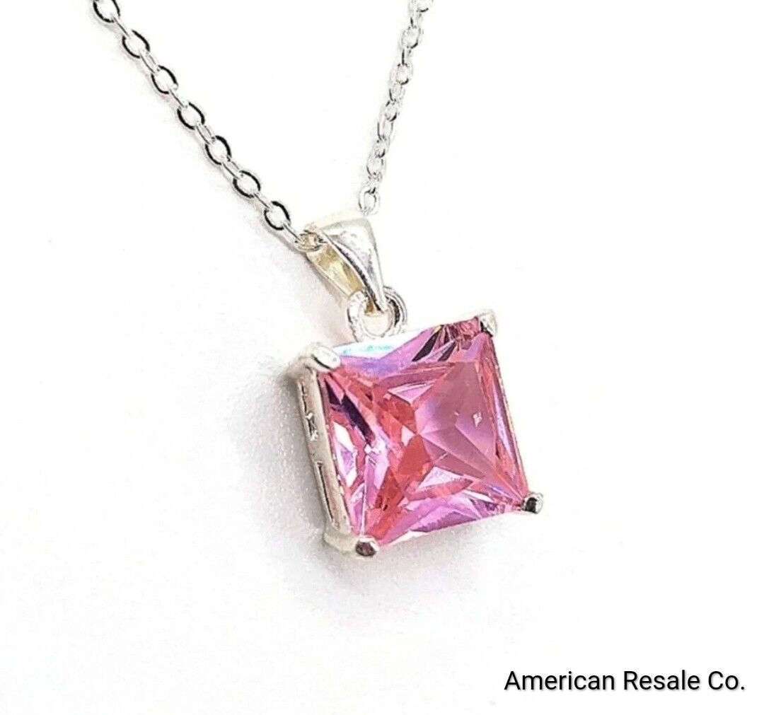 12MM Millennia Princess Cut Pink Cubic Zirconia Crystal 18" Pendant Necklace