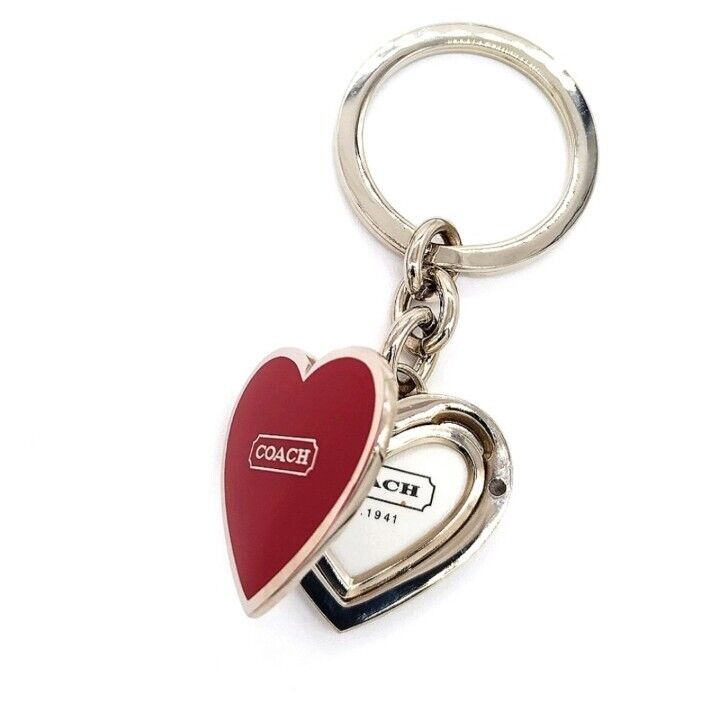 Rare Vintage COACH Signature Red Heart Locket Silver Purse Charm Keychain #1657