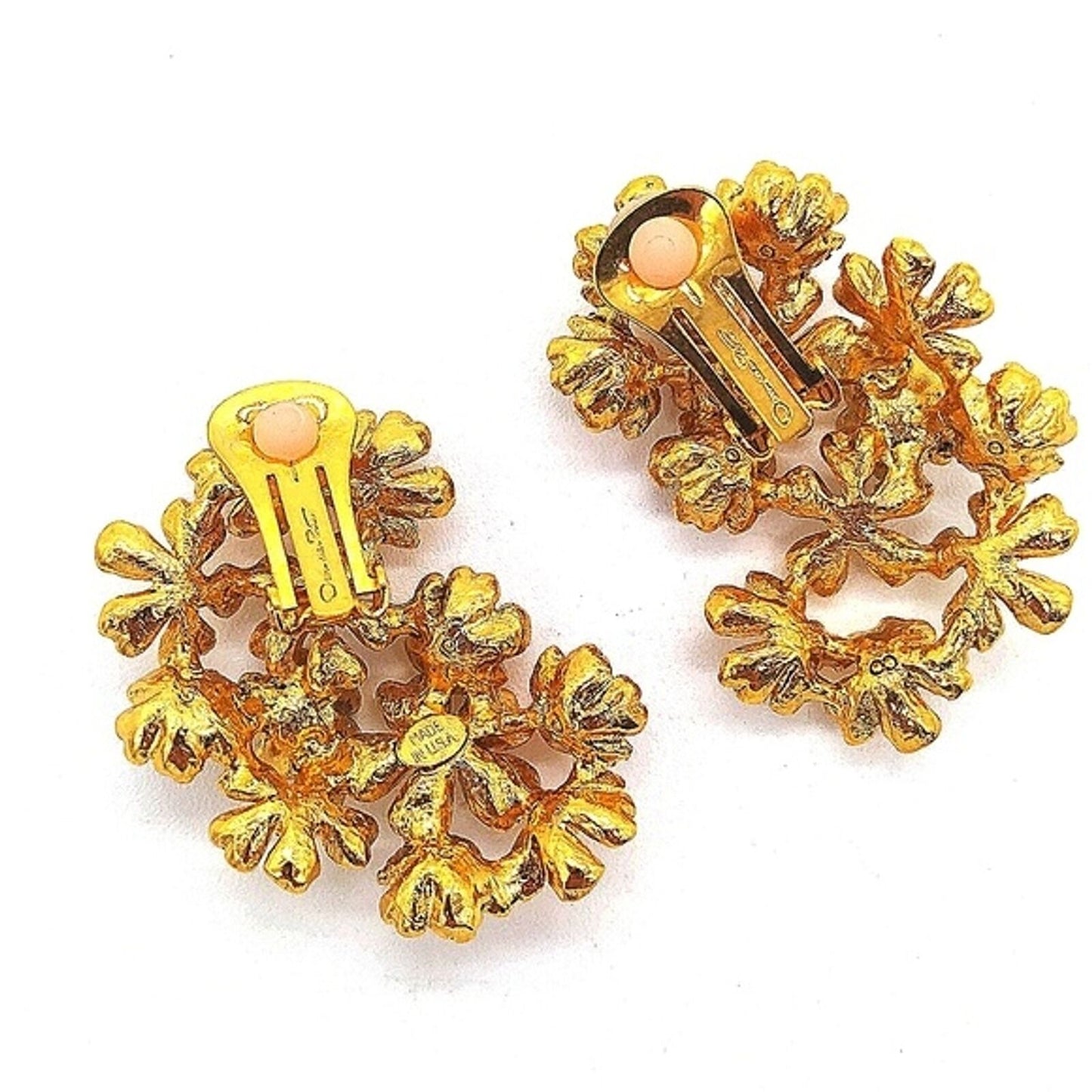 18K Gold plated Oscar De La Renta Flower Floral Drop Dangle Clip on Earrings