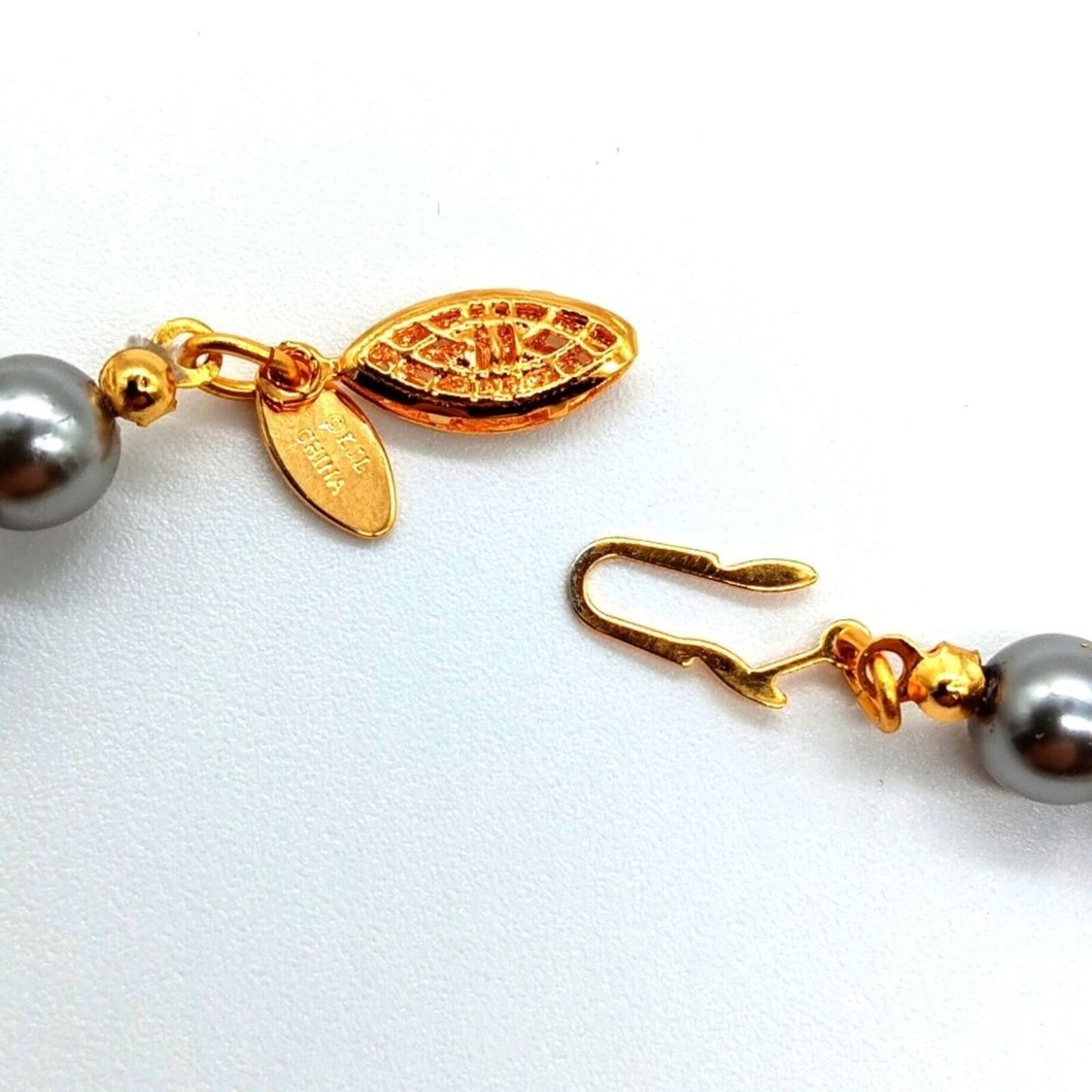 Vintage 30" Kenneth Jay Lane Gray Glass Pearl Necklace Filigree Clasp 1990s-Rare