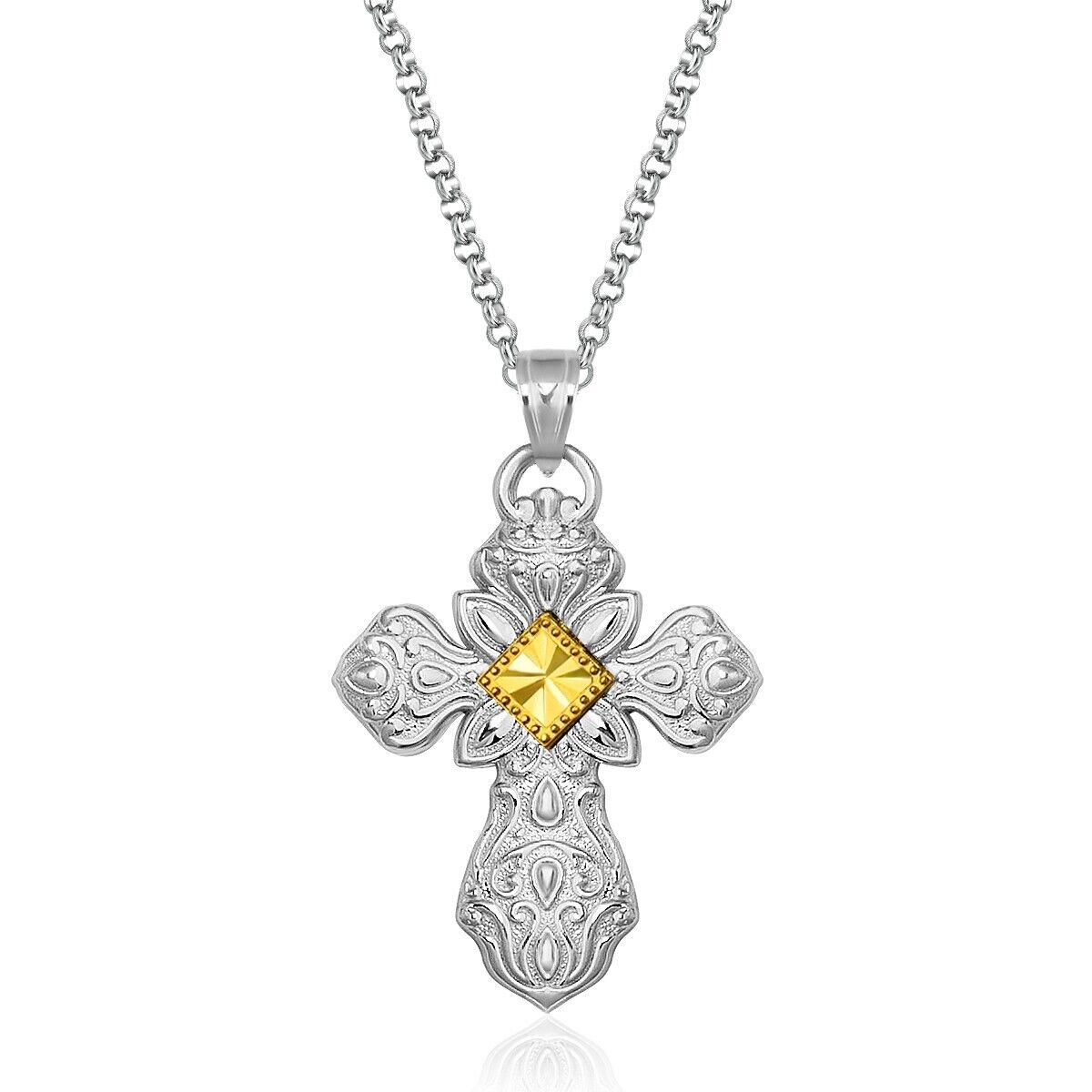 Designer Sterling Silver and 14K Yellow Gold Ornamental Cross Pendant