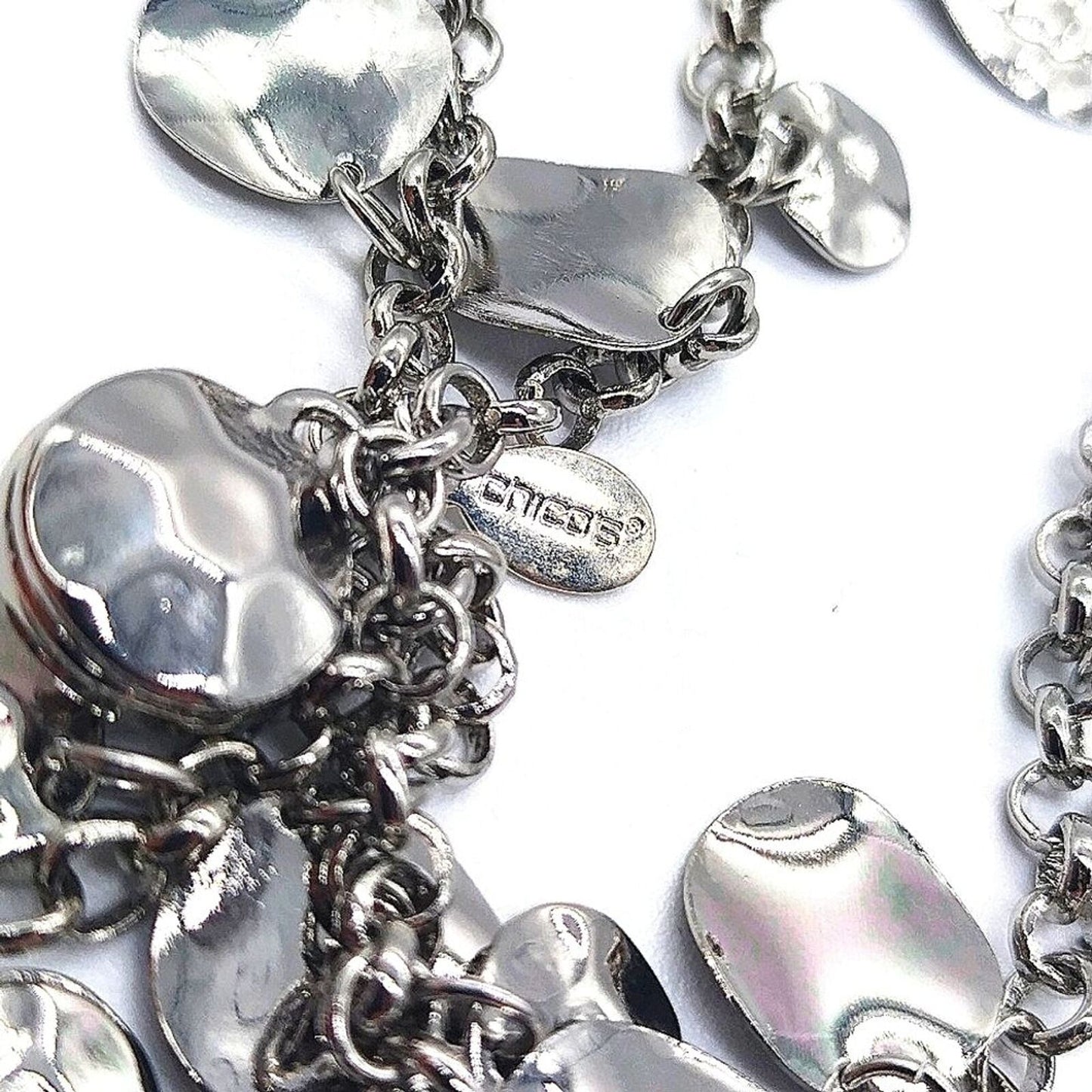 CHICO'S Layered Hammered Medallion Statement Collar Bib Necklace in Silver