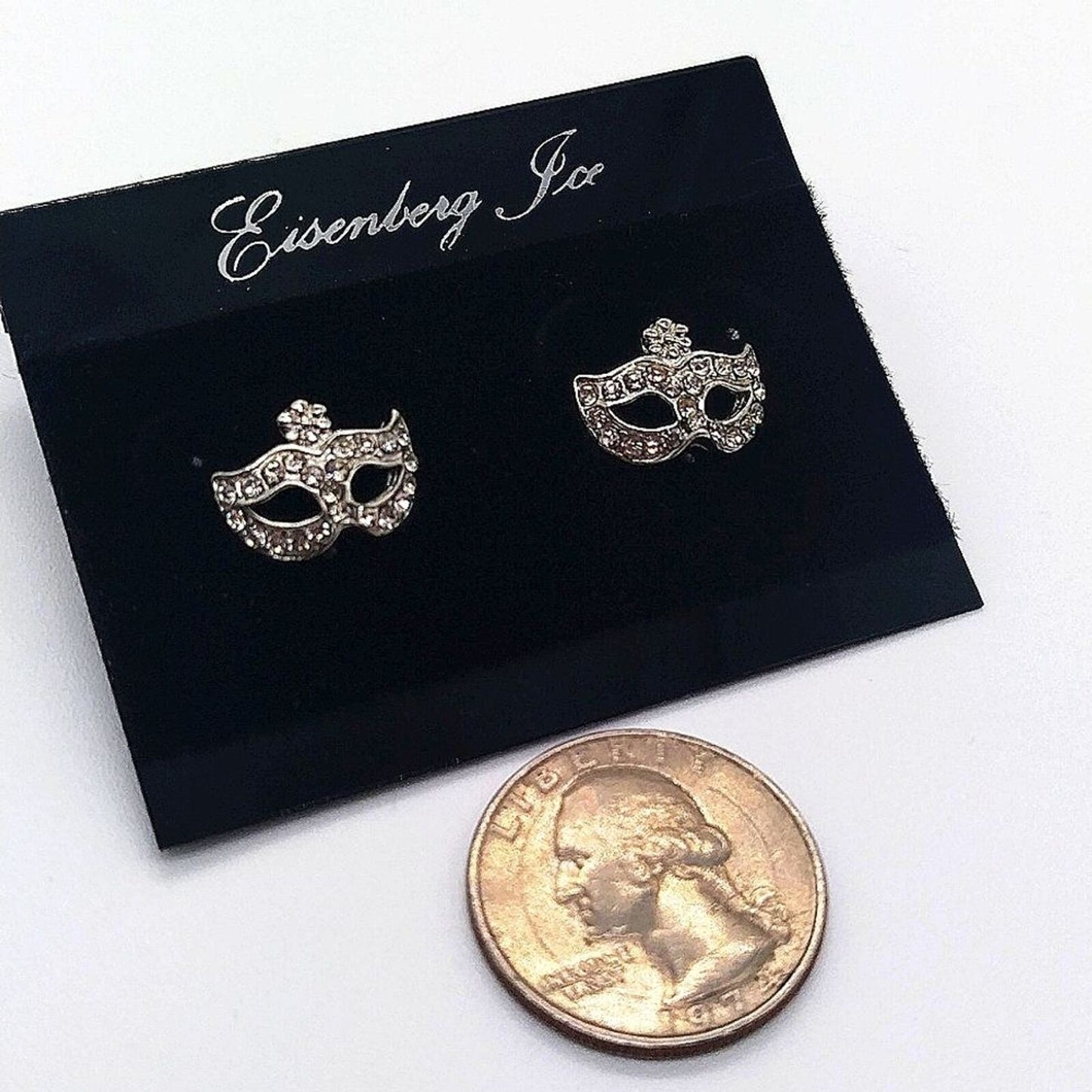 Vintage Eisenberg Ice Masquerade Mask Pave Crystal Stud Earrings-Rare!