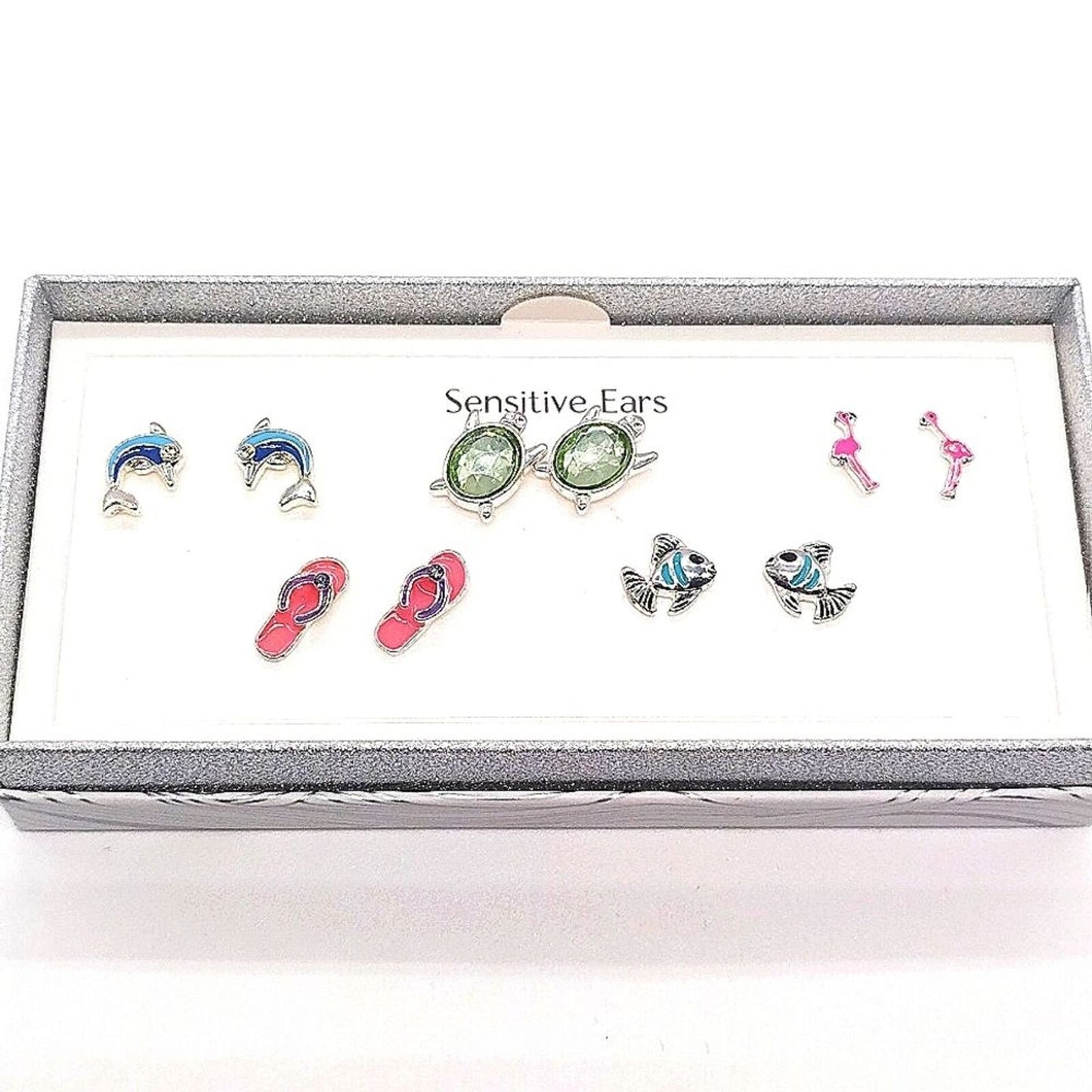 Bay Studio Gold 5 Stud Earrings Set Dolphin Clam Anchor Palm Tree Cubic Zirconia