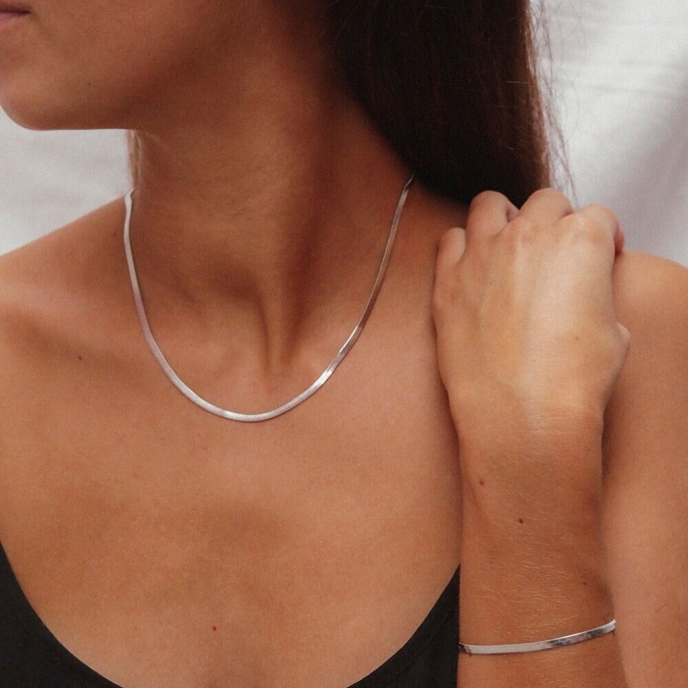 ITALY 3MM Chain Necklace 18" 925 Sterling Silver Herringbone Bracelet 7"8"
