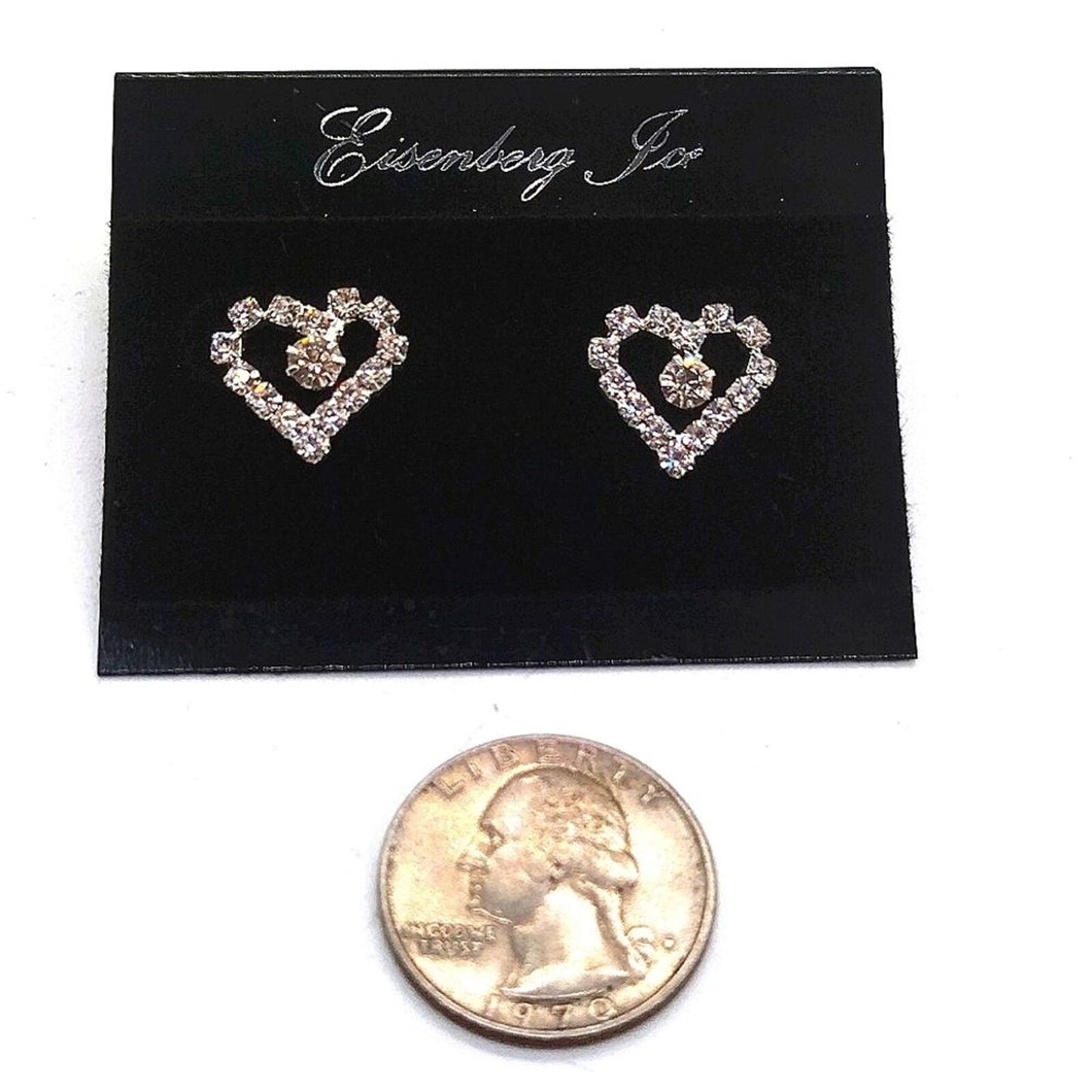 Vintage Eisenberg Ice Pave Crystal 1/2" Heart Stud Dangle Drop Earrings-Silver