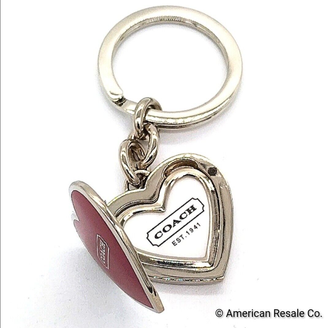 Rare Vintage COACH Signature Red Heart Locket Silver Purse Charm Keychain #1657