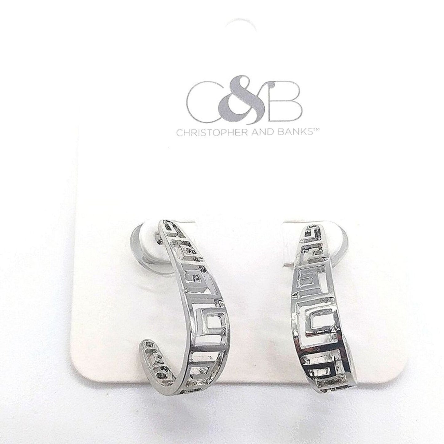 Christopher & Banks Silver Greek Dangle Drop Open J Hoop Earrings NWT