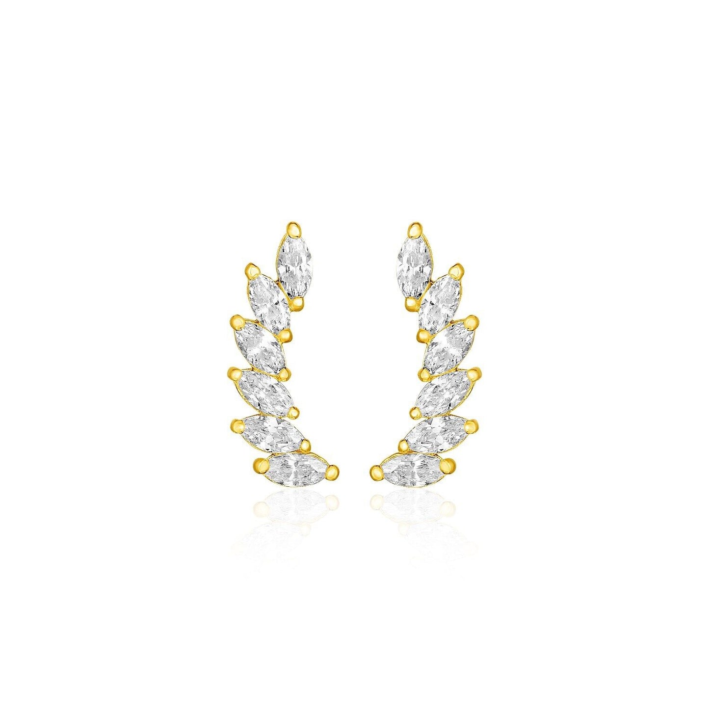 14k Yellow Gold Leaf Motif Climber Post Earrings with Marquise Cubic Zirconias