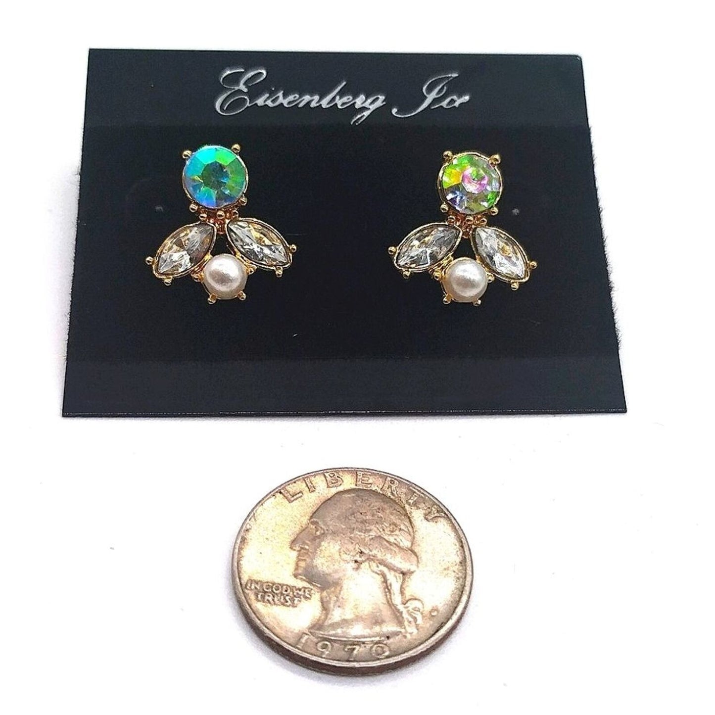 Vintage Eisenberg Ice Aurora Borealis Crystal Pearl Dangle Drop Earrings in Gold