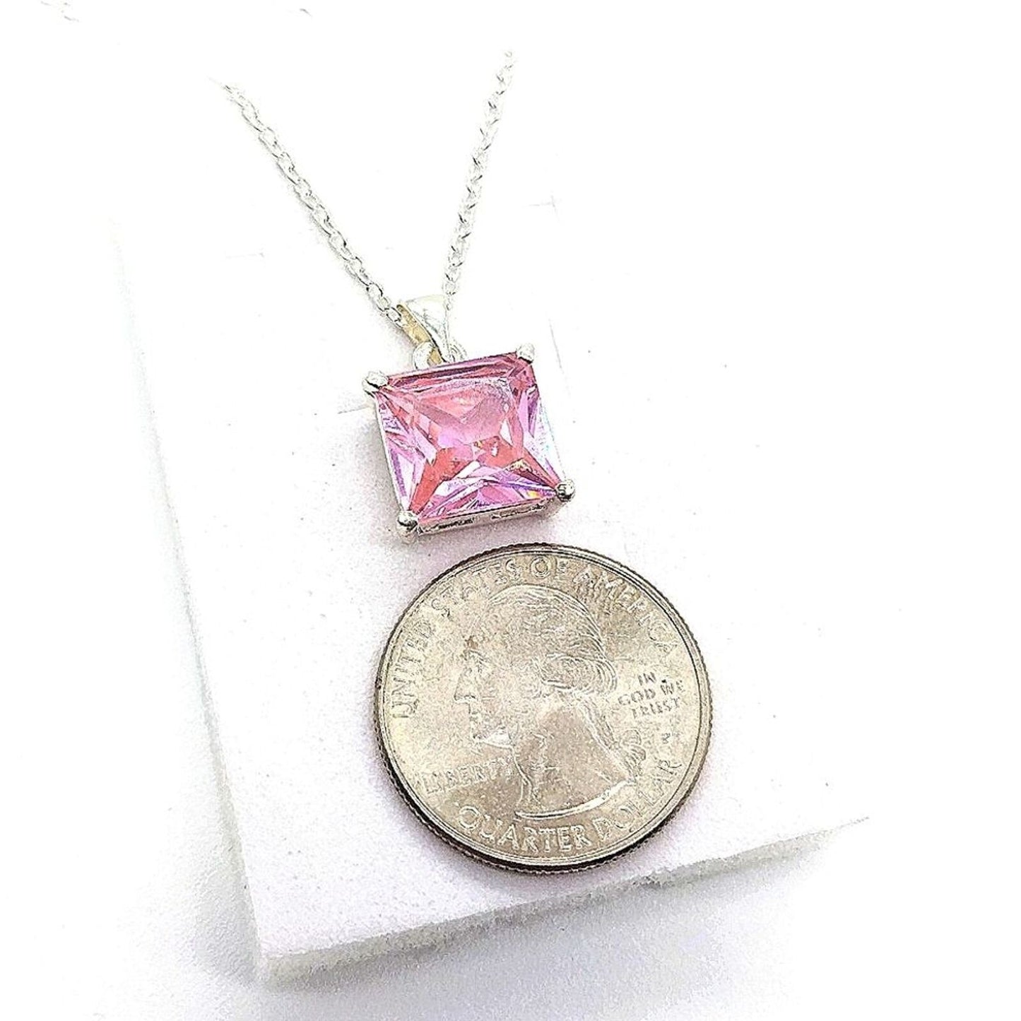 12MM Millennia Princess Cut Pink Cubic Zirconia Crystal 18" Pendant Necklace