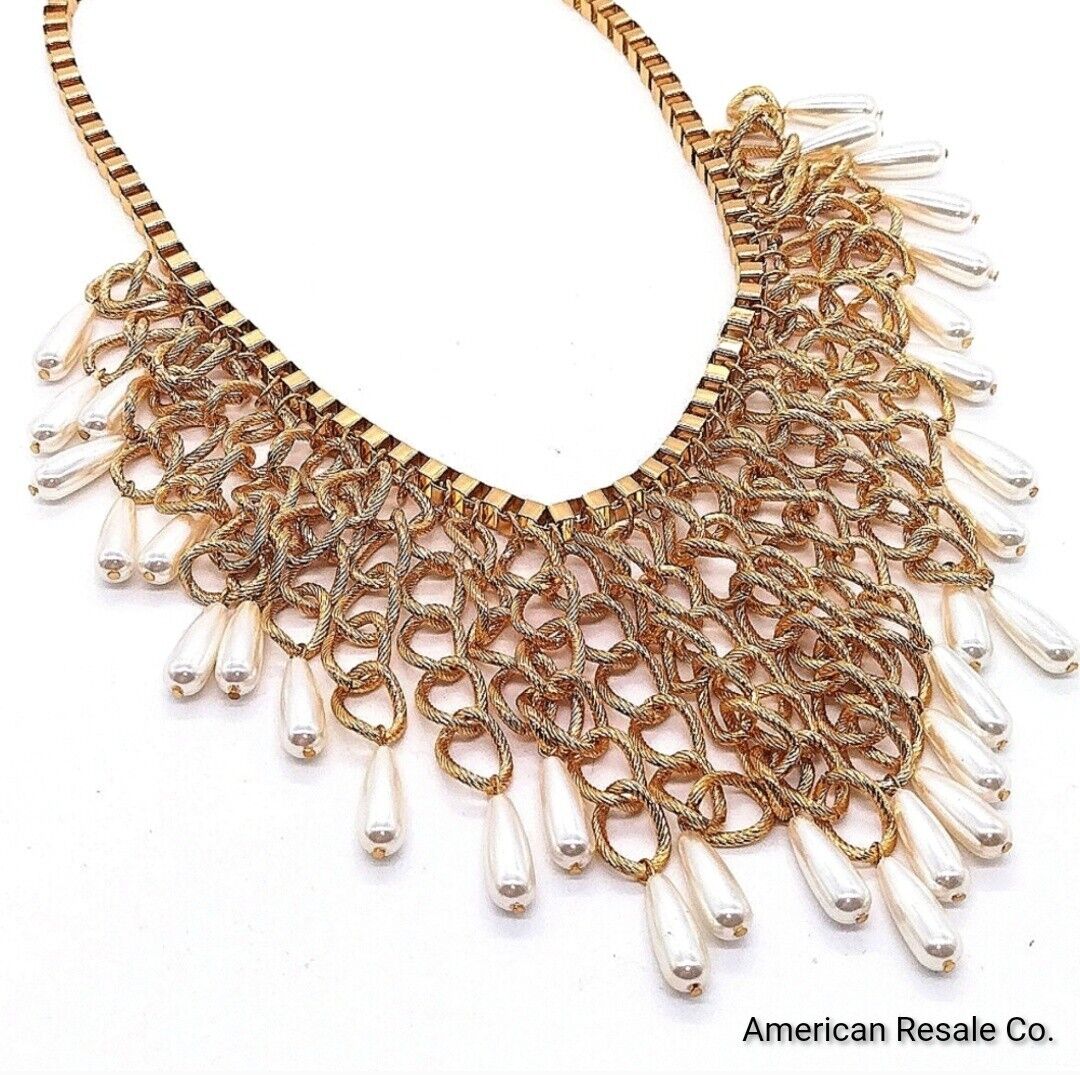 Stunning CHICO'S 20" Pearl Drops Statement Necklace in Gold Tone Franco Chain