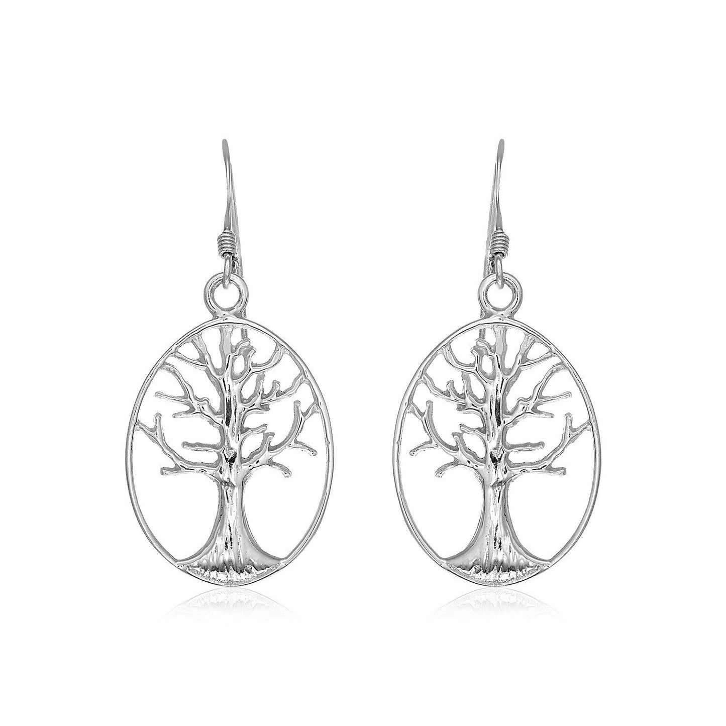 Sterling Silver Oval Round Tree of Life Earrings