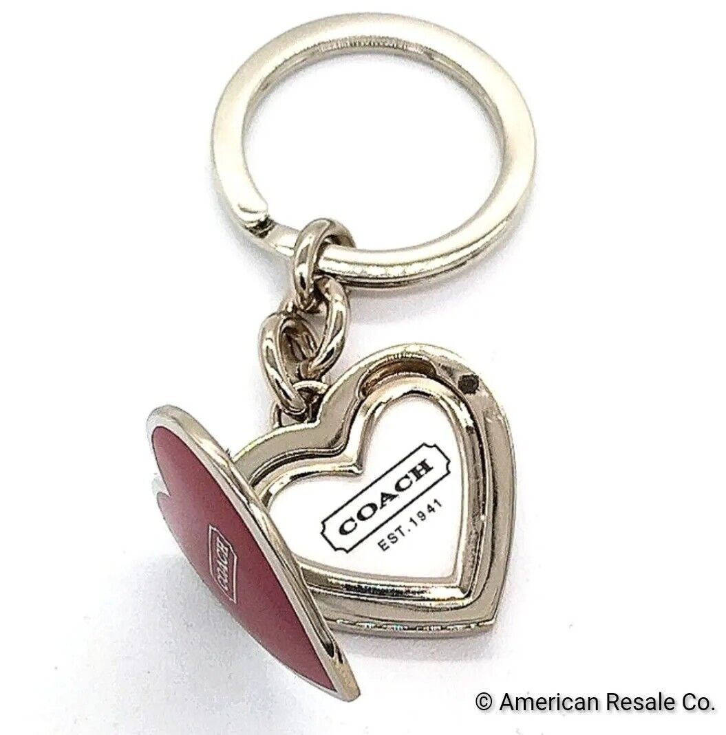 Rare COACH Enamel Red Heart Locket Silver Purse Charm Keychain Fob