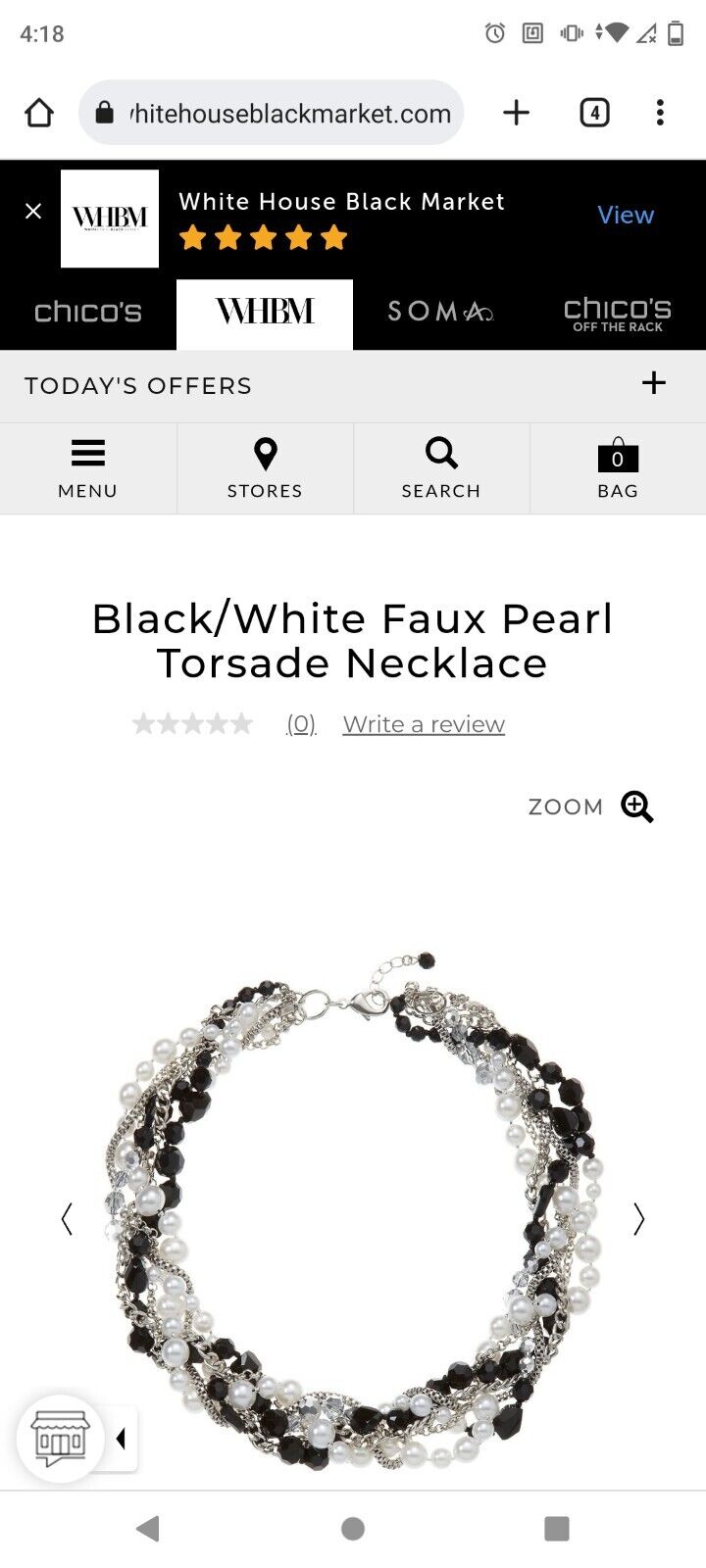 White House Black Market Black/White Faux Pearl Torsade Necklace 570103383
