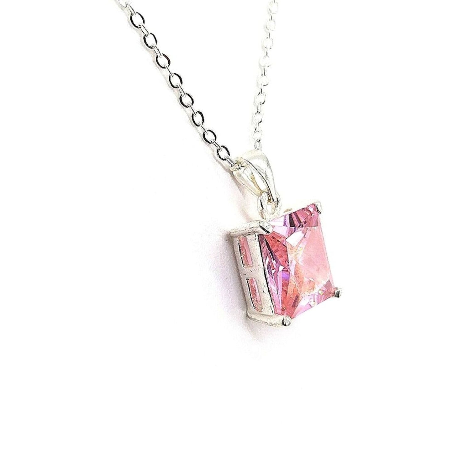 12MM Millennia Princess Cut Pink Cubic Zirconia Crystal 18" Pendant Necklace