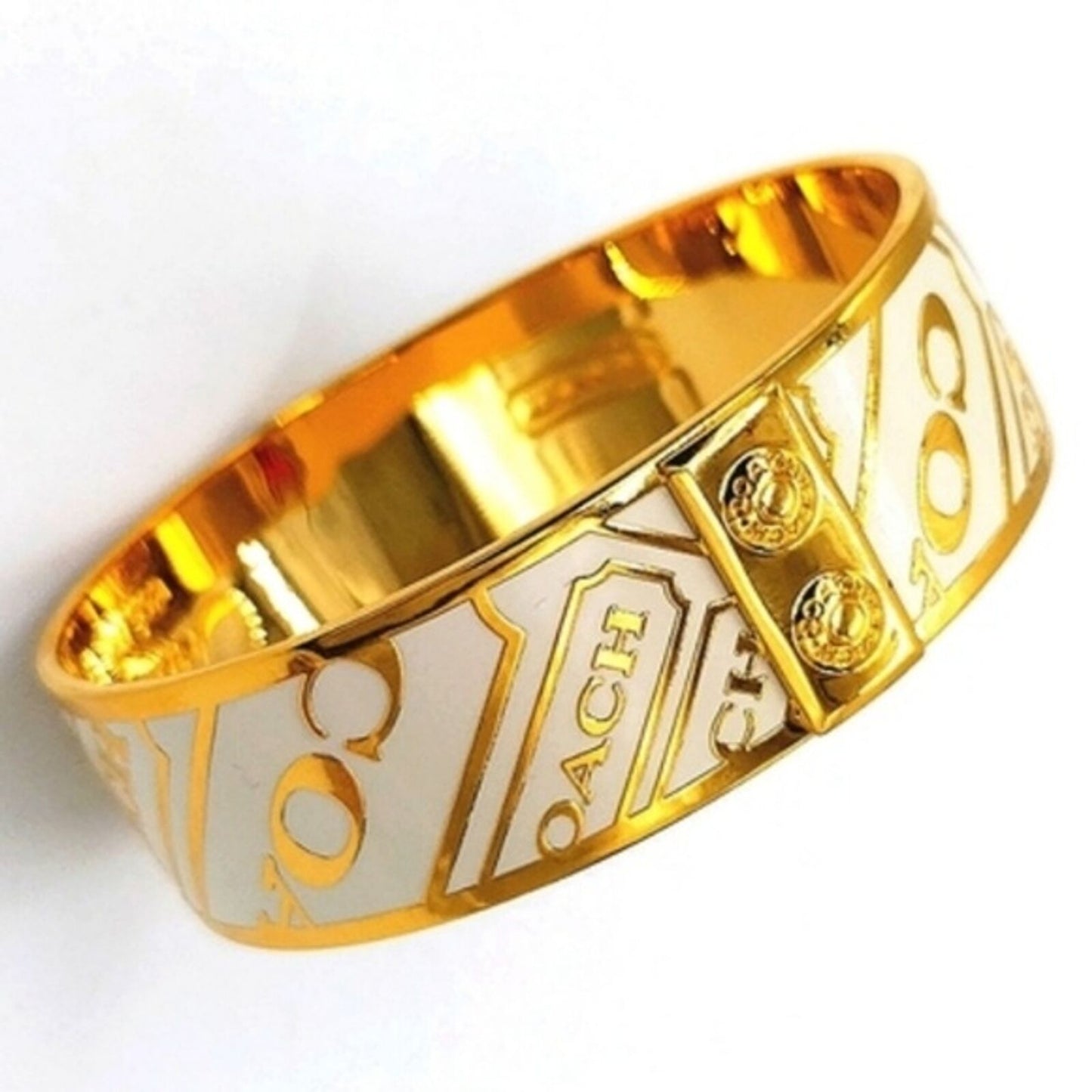 3/4" COACH Vintage Gold Plated White Enamel Logo Bangle Bracelet-Authentic/Rare