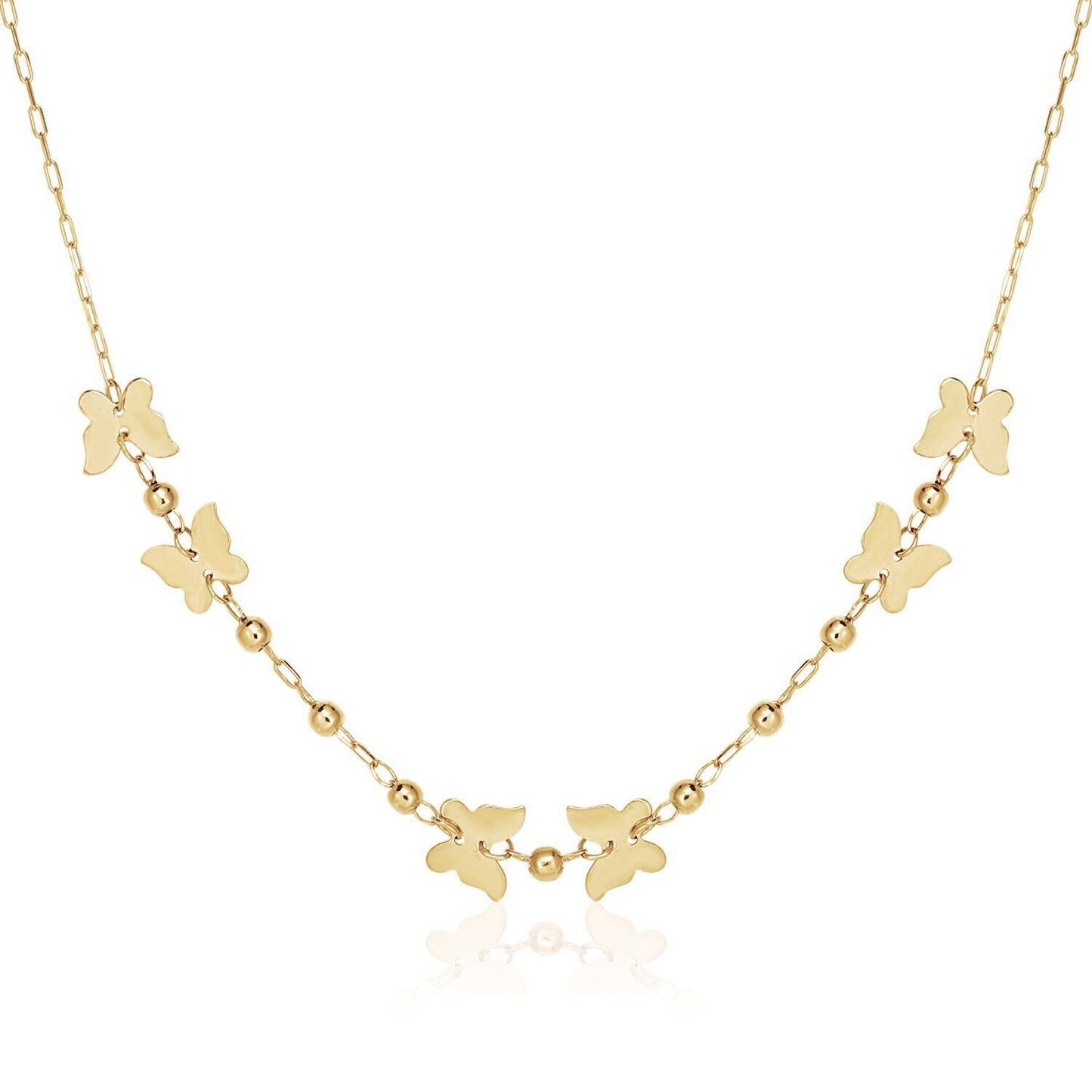 14k Yellow Gold 18 inch Necklace with Polished Butterflies and Beads
