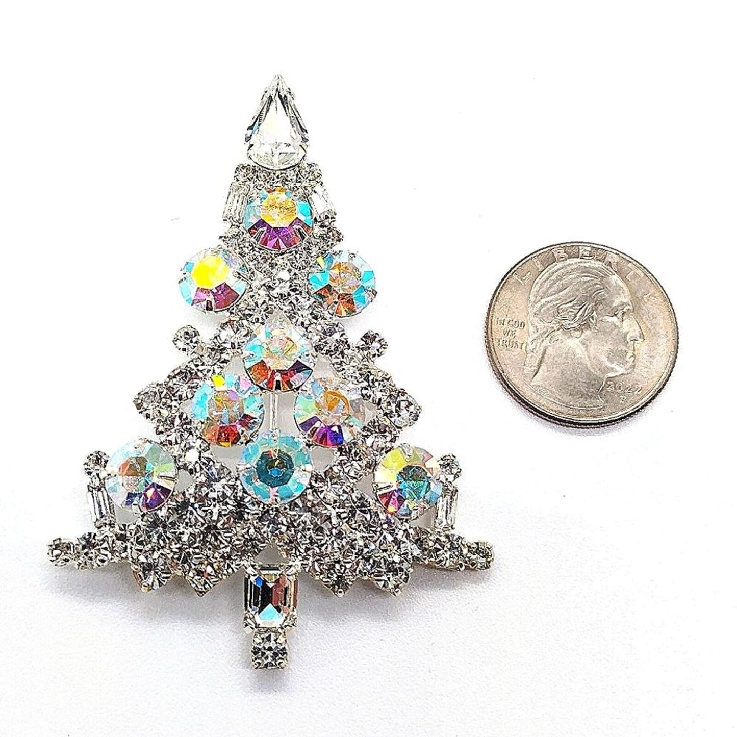 Vintage Signed Eisenberg Ice Christmas Tree Brooch Iridescent Rhinestones 3" Pin