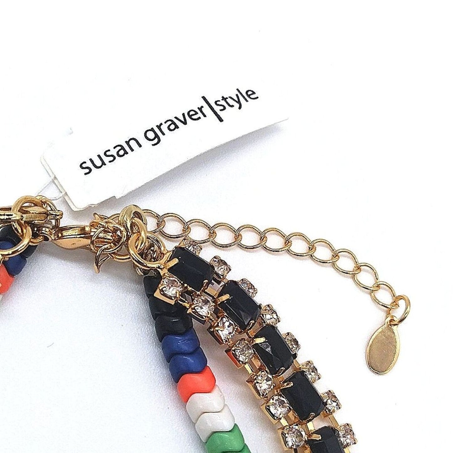 Susan Graver Style Gemstone Beaded Rainbow Statement Collar Necklace in Gold-QVC