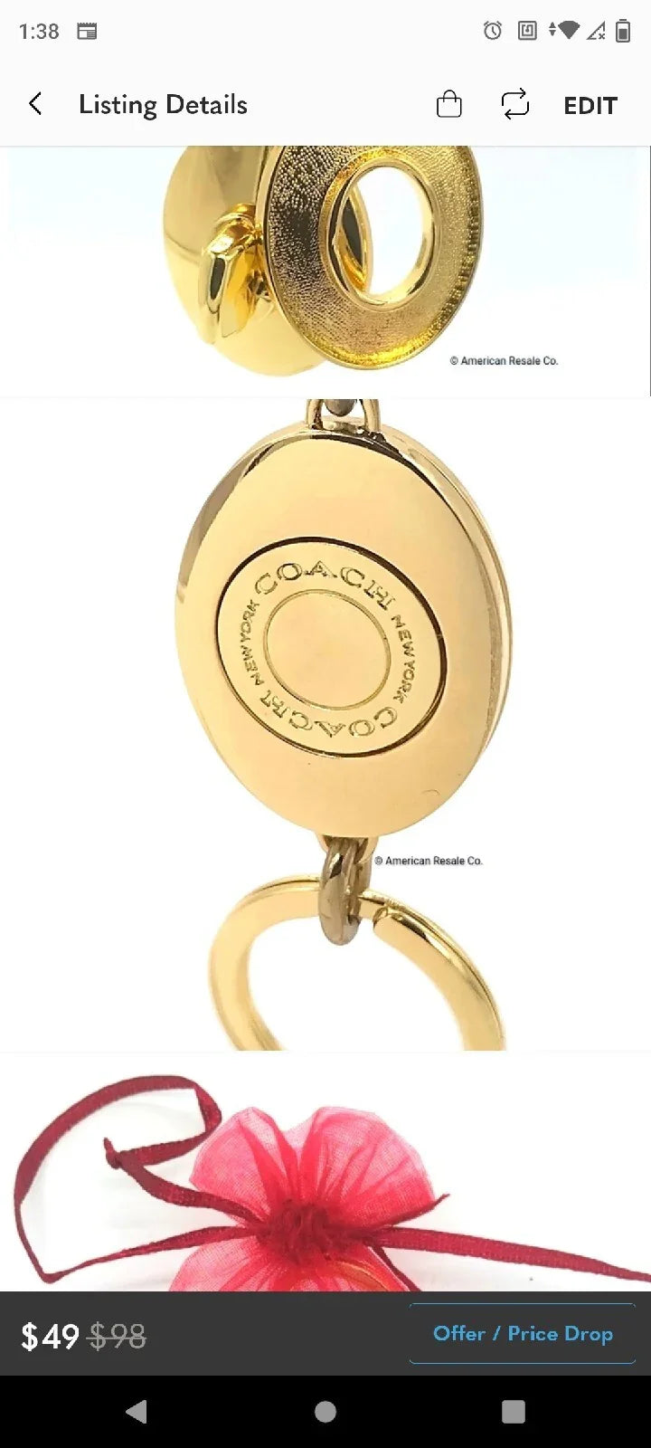 1 Left! Rare Gorgeous COACH Gold Detachable Key Fob Keychain Purse Charm $98
