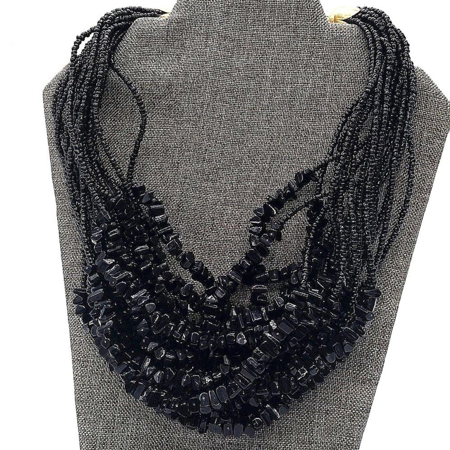 Linea Black Beaded Nugget Collar Bib Necklace by Louis Dell'Olio