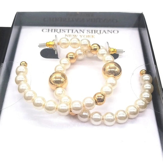 $59 Christian Siriano Boxed Glass Pearl 2" Hoop Earrings in Gold tone NIB