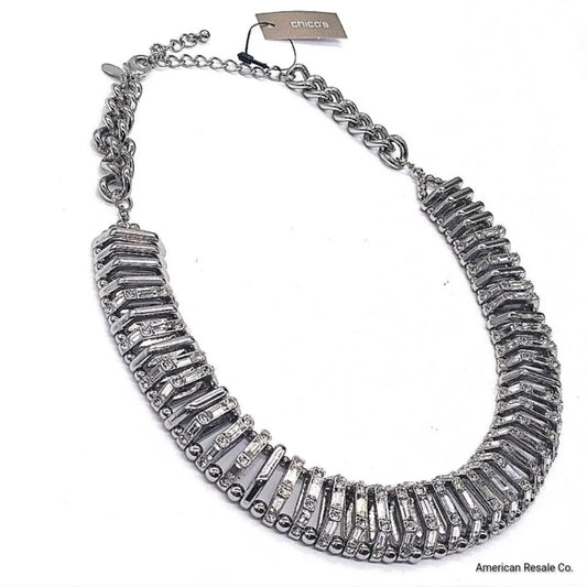 $70 CHICO'S Kimmi Short Bib Pave Crystal Silver Necklace NWT