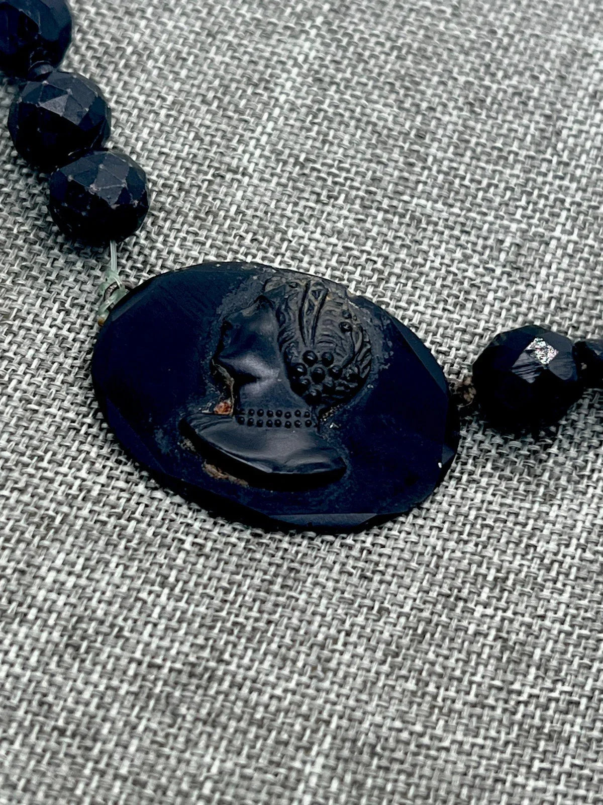Antique Victorian French Jet Glass Woman Mourning Cameo Choker Necklace