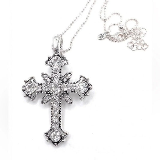Vintage Premier Designs Silver Cross Necklace Made With Swarovski Crystals-NWOT