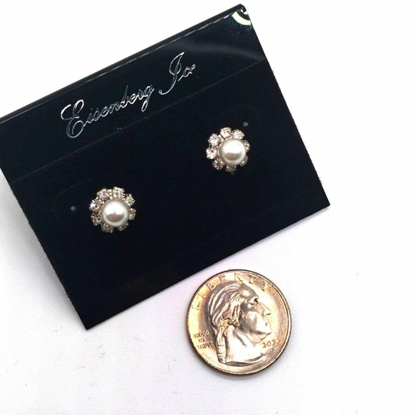 Vintage Eisenberg Ice Pearl Flower Pave Cubic Zirconia Silver Stud Earrings