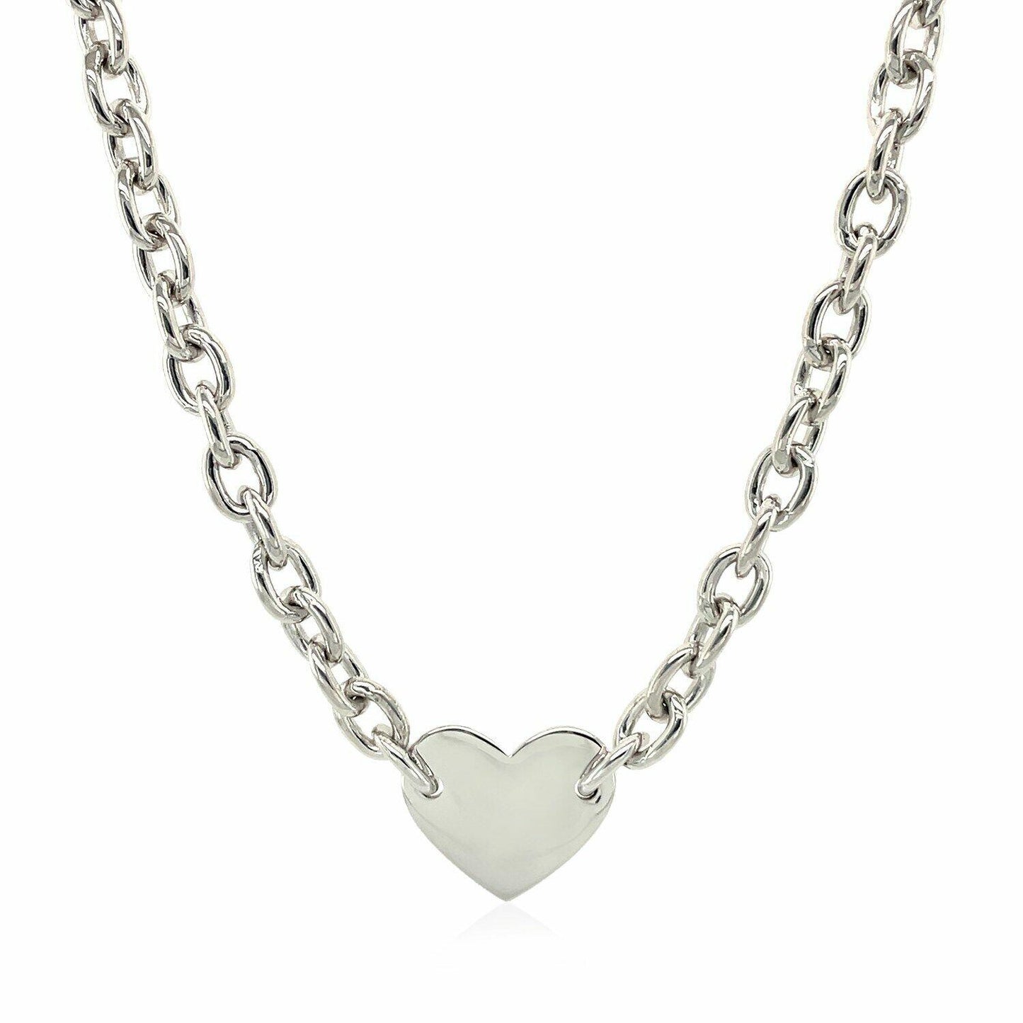 Sterling Silver Rhodium Plated Chain Bracelet with a Flat Heart Motif Station