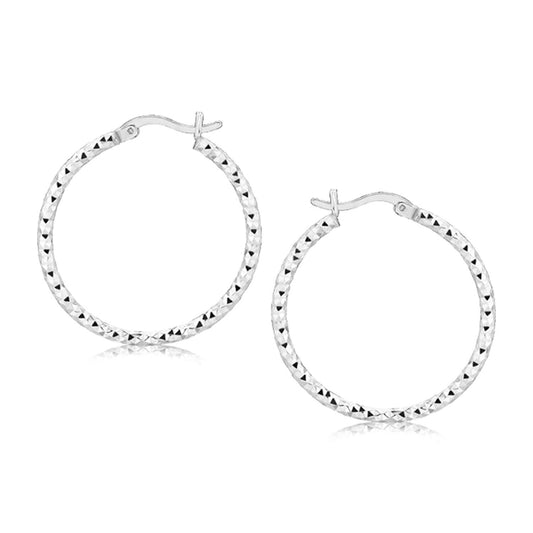 Sterling Silver Faceted Motif Hoop Earrings with Rhodium Plating