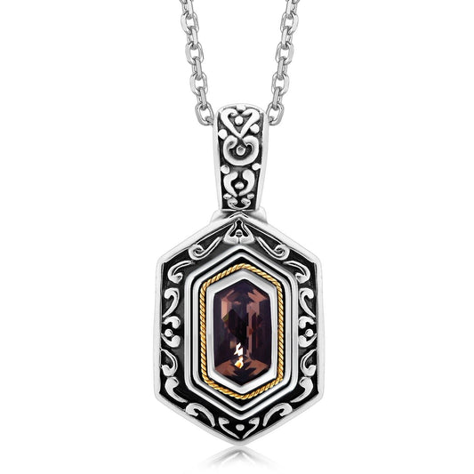 18K Yellow Gold and Sterling Silver Antique Style Smokey Quartz Accented Pendant