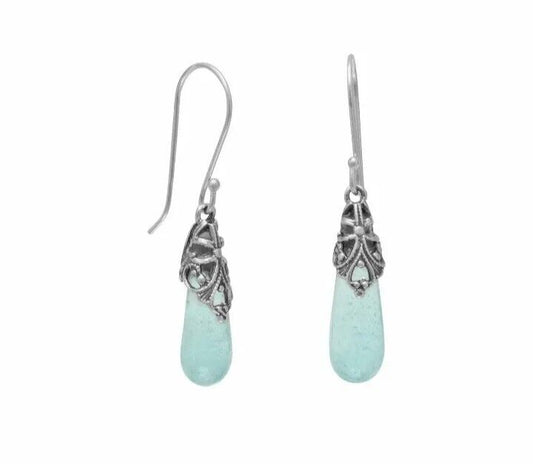 Stunning Sterling Silver .925 Ancient Roman Glass Drop Earrings-COA