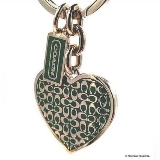 Large COACH Green Enamel SIGNATURE Heart Silver Keychain FOB Purse Charm-Rare