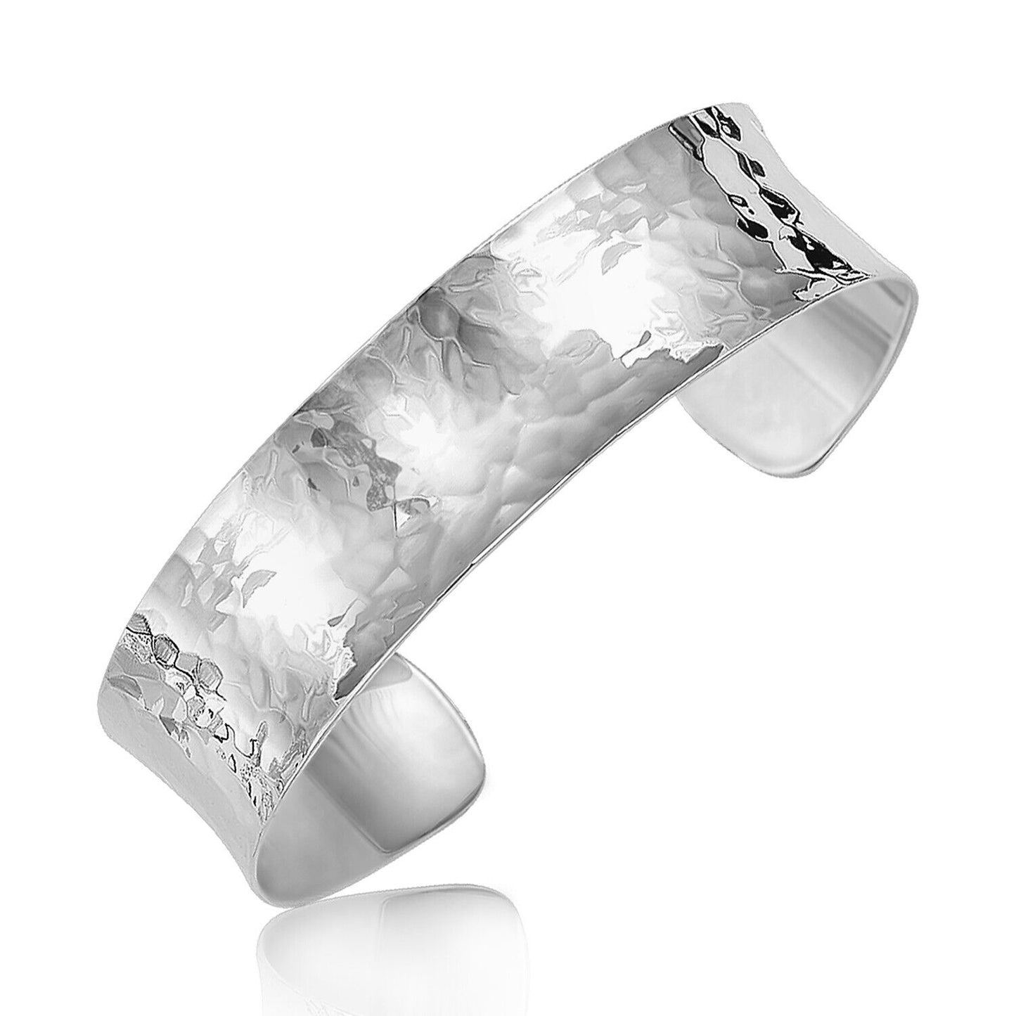 Sterling Silver Rhodium Plated Concave Cuff with Fancy Hammered Motif