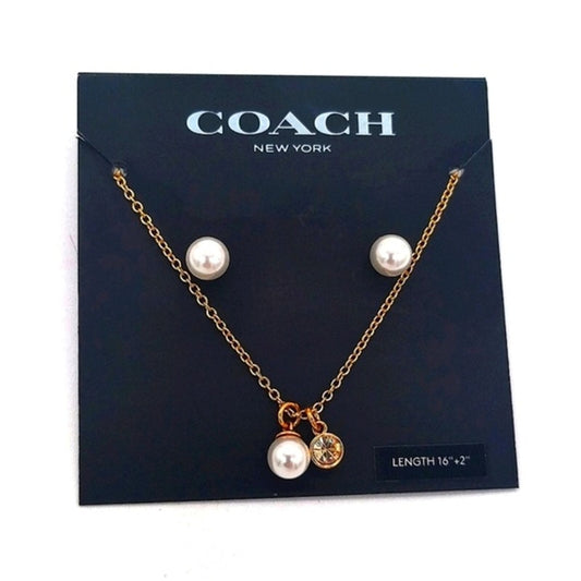 COACH Glass Pearl and Pave CZ Necklace Earrings set in Gold NWT $125