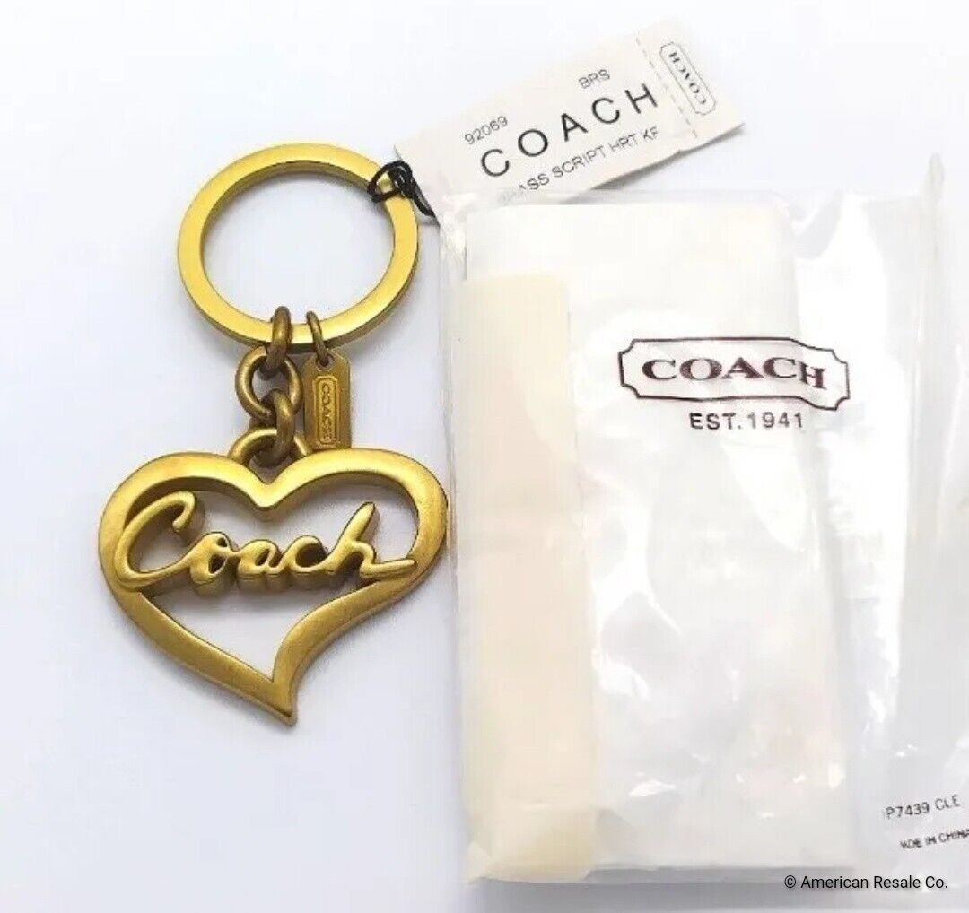 Rare NWT COACH Brass Script Heart Keychain Fob Purse Charm Style 92069