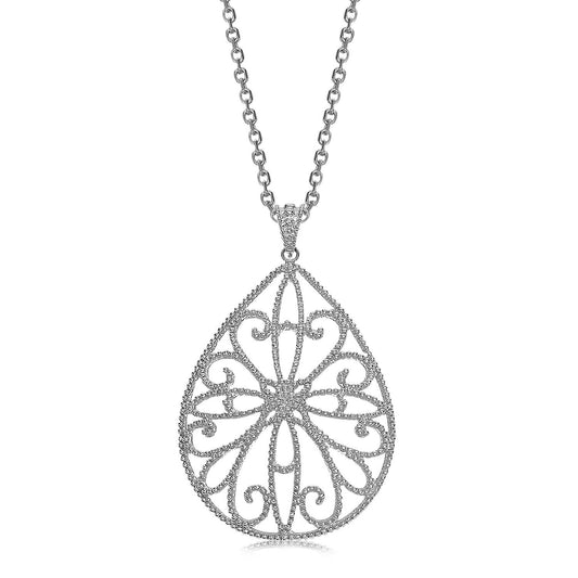 Sterling Silver Rhodium Plated Teardrop Shape Filigree Style Pendant