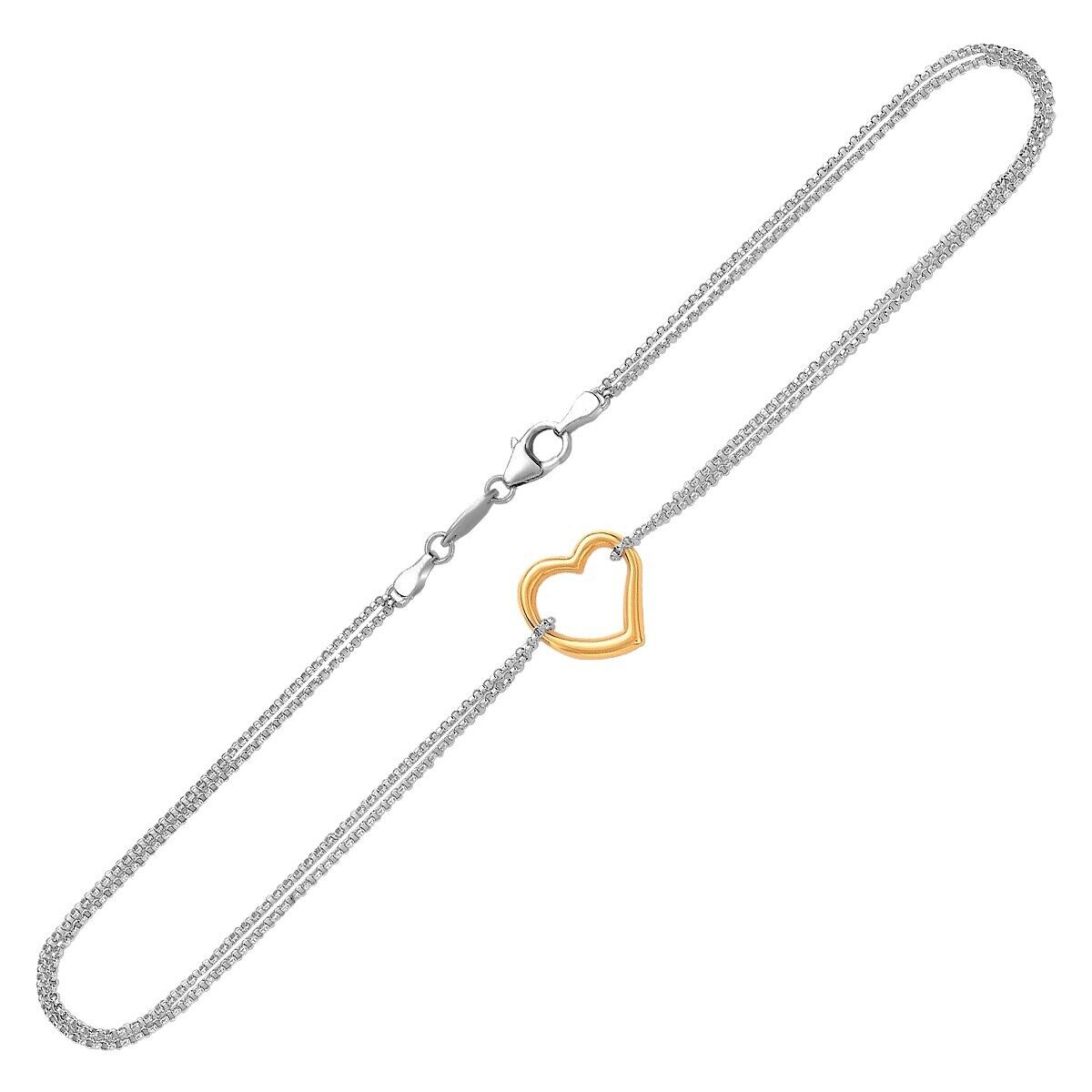 14k Yellow Gold and Sterling Silver Anklet with a Single Open Heart Station