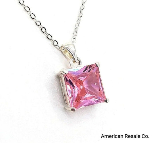 12MM Millennia Princess Cut Pink Cubic Zirconia Crystal 18" Pendant Necklace