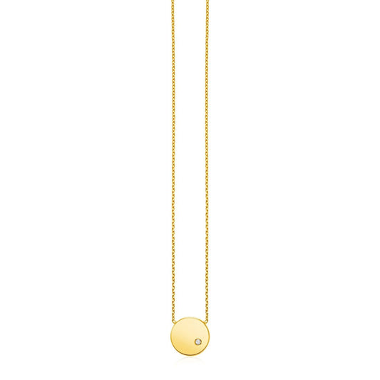 14k Yellow Gold Necklace with Polished Round Pendant with Diamond