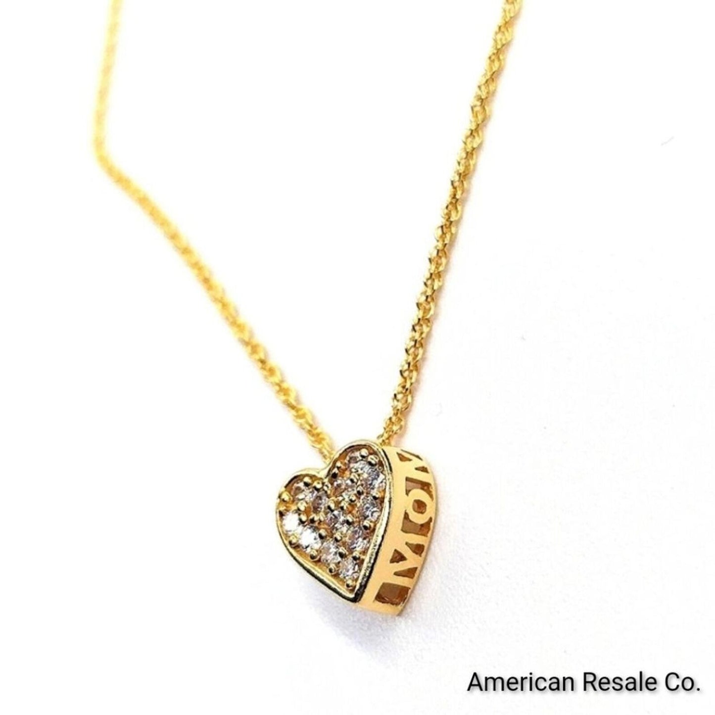 14K Gold Plated Sterling Silver Pave Cubic Zirconia Heart "MOM" Necklace .925