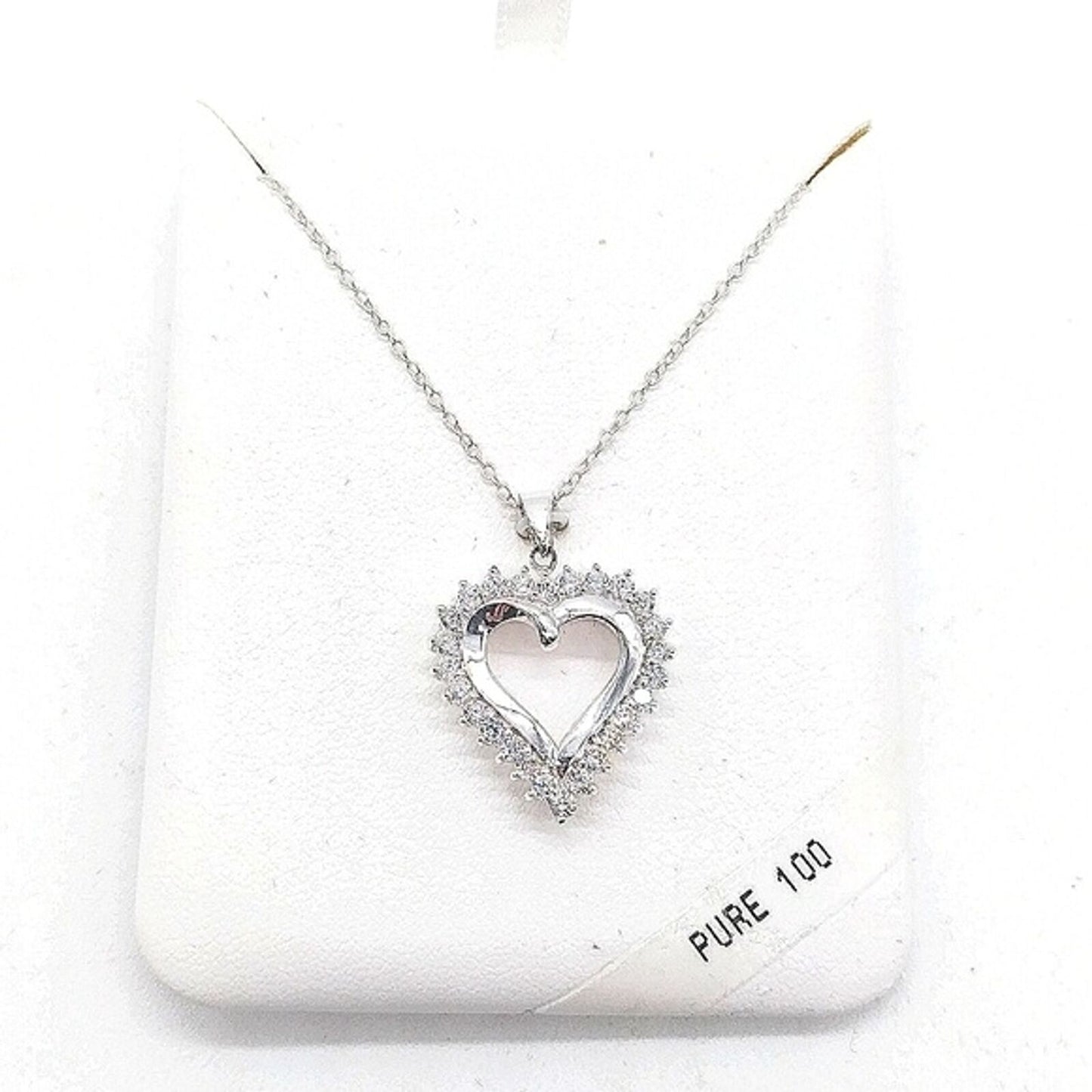 White Gold Vermeil Sterling silver .925 Heart with CZ Charm Necklace $99 Retail