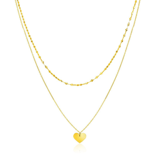 14k Yellow Gold 18 inch Two Strand Necklace with Heart Pendant