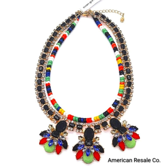 Susan Graver Style Gemstone Beaded Rainbow Statement Collar Necklace in Gold-QVC