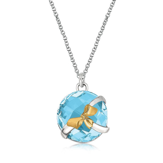 18K Yellow Gold and Sterling Silver Bow Style Round Blue Topaz Pendant